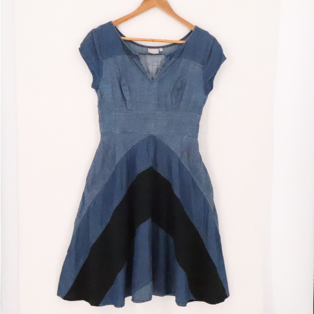 eShakti Patchwork Denim Midi‎ Dress Womens Size 4 Blue Chevron Western Cotton